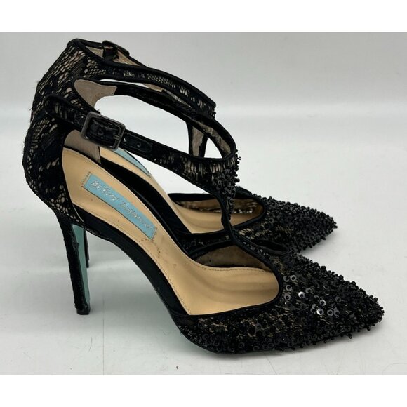 Betsy Johnson Womens Eliza Sequined D-orsay Pumps 6.5M Black T-Strap Pointed Toe - Picture 8 of 15